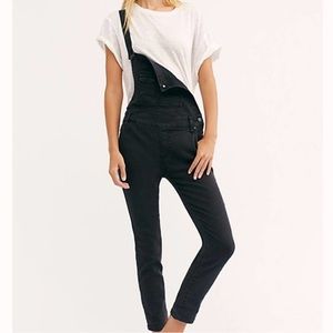 Free People Black Denim Overalls Skinny Button Straps Criss Cross size 29